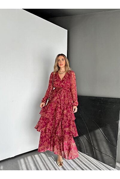 Zerrincan Giyim Bordo Eteği Katlı Maxi Elbise