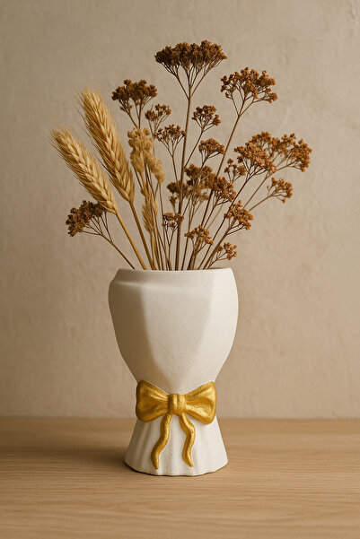 LalezarHome Dekoratif Beton Vazo – Gold Kurdele Detaylı, , Modern Boho Masa Ü...