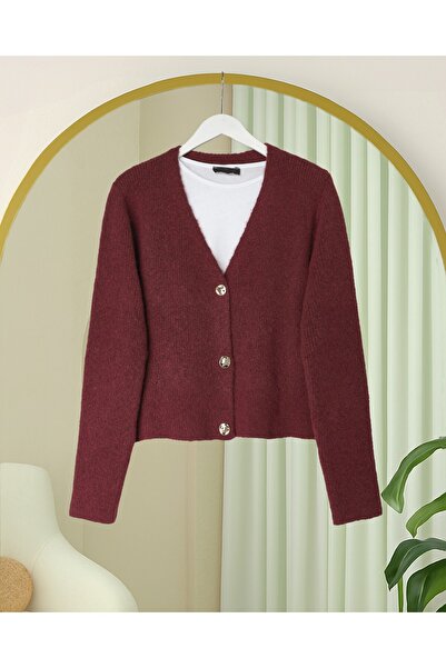 Modamorfo Soft Knit Cardigan with Buttons on the Front - Burgundy