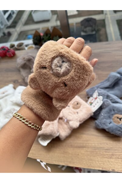 Blotch Winter Teddy Bear Figured Young Adult Fingerless or Closed Camel Color Fluffy Plush Gloves