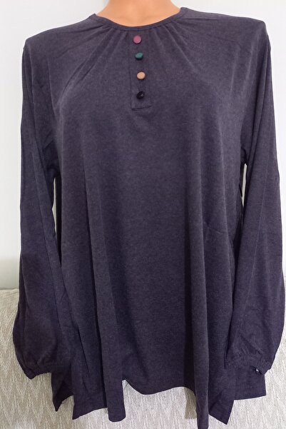 Anne Er Clothing Battal Winter Cotton Combed Cotton Blouse Long Sleeve Crew Neck Purple