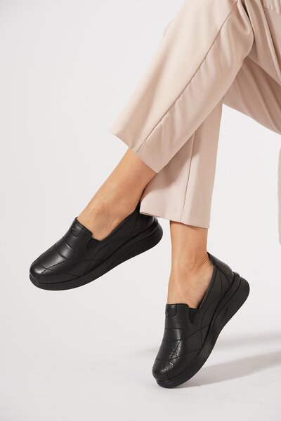 Moda Pie Pantofi Lefes din piele naturală, complet brodați, piele neagră