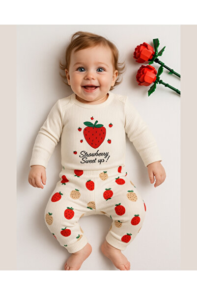 asliva Baby Girl Strawberry Patterned Cotton Set – Long Sleeve Bodysuit and Bottoms 0-9 Months