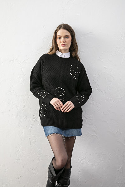 Loov Pearl Embellished Black Knit Sweater – Stylish Women's Knitwear Sweater,...