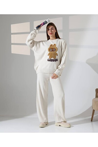 GİYSİ DÜNYASI 57 Tri̇ko Takim Tavşan Desenli̇ Kazak Pantalon 2 Li̇ Takim