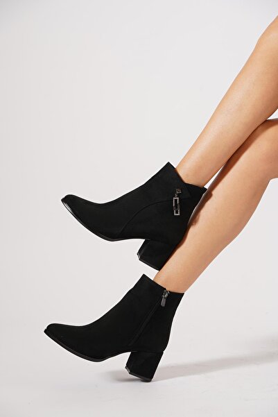 Moda Pie Leyan Yan Tokalı Kadın Topuklu Bot Siyah Süet
