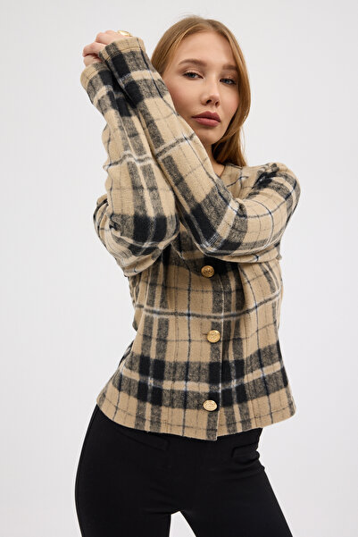 Laranor Desen2 Beige Cotton Plaid Fabric Gold Button Design Jacket - Cardigan Daytime - Evening Chic 25L8140