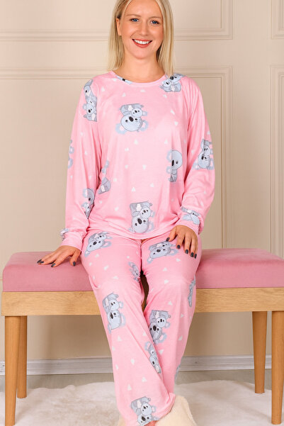 Silona Homewear Set de pijamale cu mâneci lungi, gri și roz, cu ursuleț