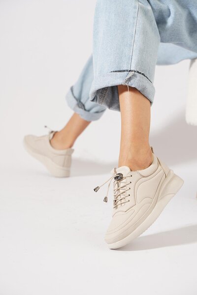 Moda Pie Pantofi de damă din piele naturală cu broderie Merana, cu șireturi din cauciuc, piele bej