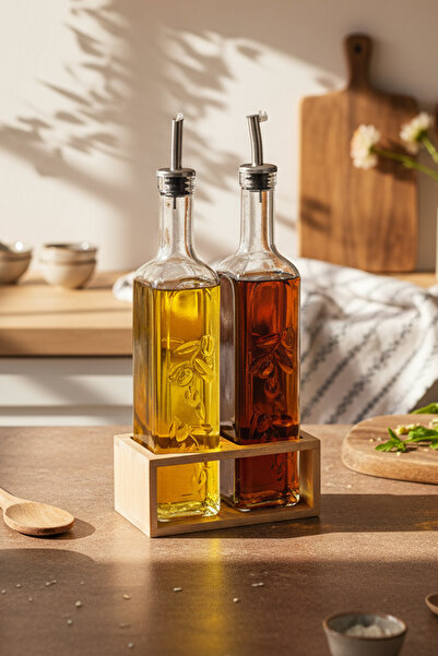 Snippy Olea - Set of 2 Wooden High Stand Glass Olive Oil Bottle Oil Dispenser Non-Drip Oil Bottle Vinegar Dispenser 500ml