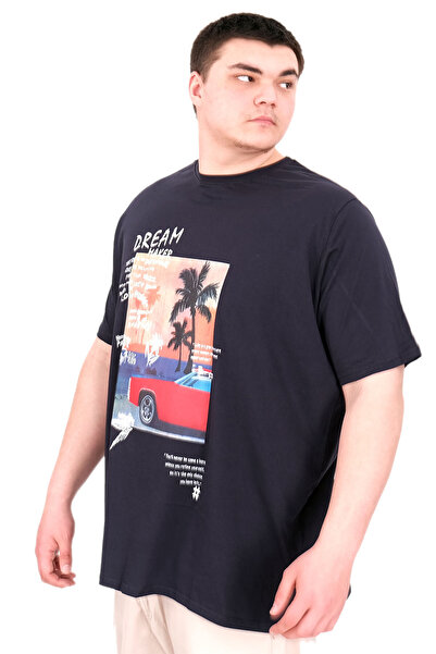 ModeXL Mode XL Large Size Men's Printed T-Shirt Palm Dream U25026 Navy Blue