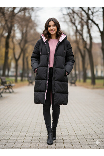 DHDmoda Kadın Siyah Kapüşonlu Fermuarlı Cepli Astarı Pembe Kaban