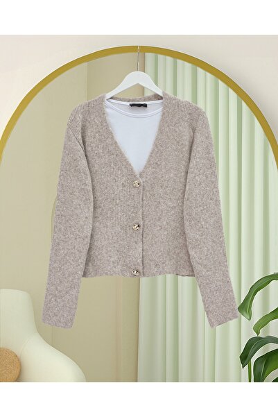 Modamorfo Soft Knit Cardigan with Buttons on the Front - Stone
