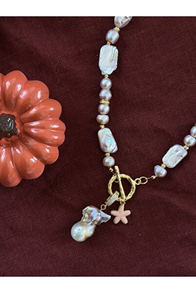 Butik Pembe İnci Barok Kolye Deniz Yıldızı Uçlu