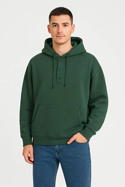 GökTR Men's Oversized Hooded Sweatshirt with Kangaroo Pocket and Snap Fasteners, 3-Thread Fleece Hoodie - Khaki