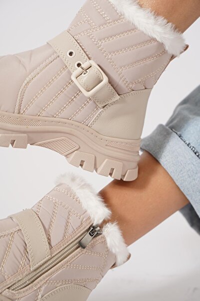 Moda Pie Kefsuh Yan Tokalı Paraşüt Kadın Bot Bej Cilt