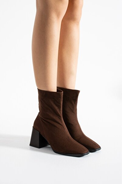 MissPapatya LÉON Kadın Acı Kahve Süet Küt Burun Kalın Topuklu Fermuarlı Bot Bootie