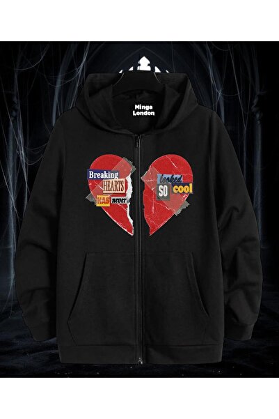 Minga London Унисекс черна блуза с принт на разбито сърце