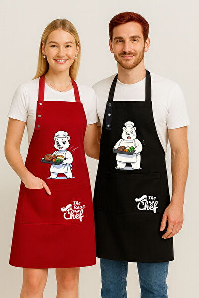 Hulganz Mutfak Önlüğü Seti 2'li Leke Tutmaz Su itici Kumaş Solmaz Baskı Şef Ayıcık Desenli Çift Önlük