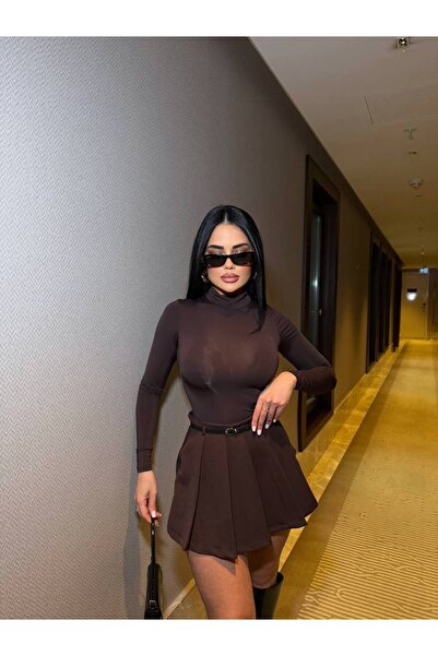 LB Laluna Butik Fusta subțire cu curea pentru femei, cu aspect de pantaloni scurți plisați la spate