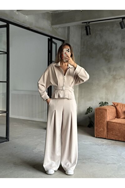 ForOus Pens Detail Zippered Belted Pants Set