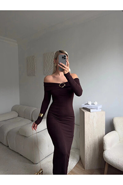 Zora Butik Tokalı Madonna Long Elbise - KAHVE