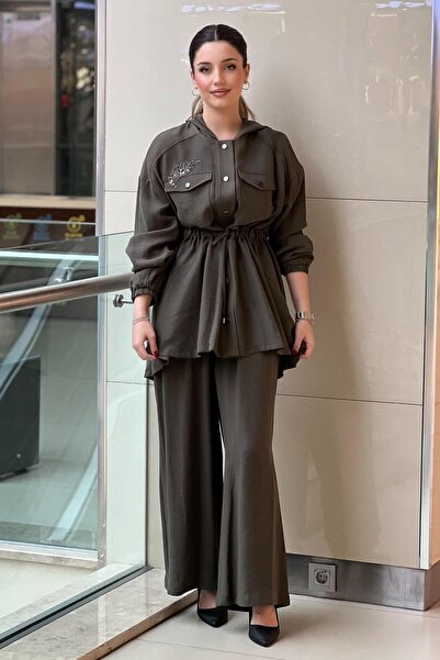 Nuss Hooded Stone Embroidered Waist Drawstring Cap Pants Set