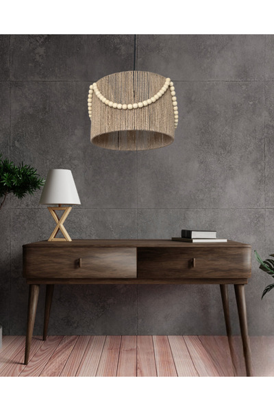 BG CONCEPT El Yapımı Jüt İpli Ahşap Boncuklu Avize Bohem Avize,Rustik Avize,Oturma Odası,Antre,Hol,Balkon Avize