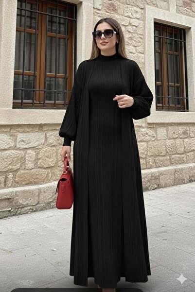 diloş butik Triko Balıkçı Yaka Maxi Boy Elbise Hırka Takım