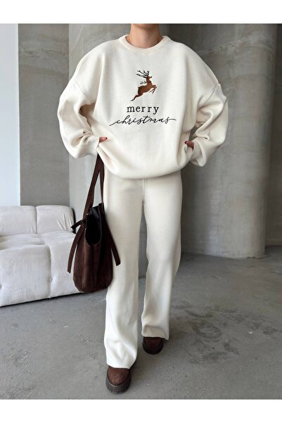 GİYSİ DÜNYASI 57 Triko Kumaş Deer Patterned Sweater and Pants 2-Piece Set