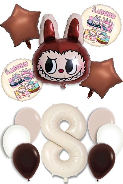 PARTİAVM Labubu Baby Abubu Brown Balloon Set – Helium Compatible, Star & Round Foil 8 Year Old Cream Number