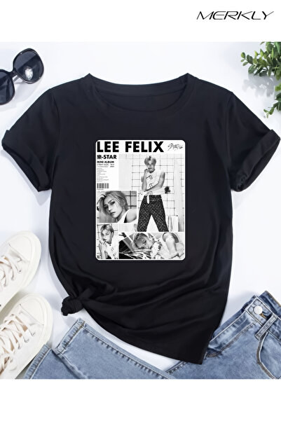 barsdepo Μπλουζάκι Stray Kids Felix με τύπωμα , oversized Unisex Μαύρο μπλουζ...