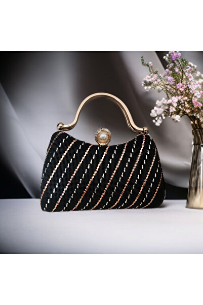 Telli Art Tel Kırma El Yapımı Abiye Çanta – Siyah, Bakır ve Gümüş İşlemeli, İnci Tokalı