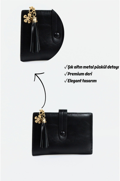 Mazel Design 015 Hakiki Deri Luxe Kadın Cüzdan - Altın Püskül Detaylı, Elegant Tasarım