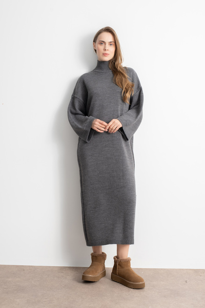 Shophia Kadın Boğazlı Oversize Triko Elbise – Gri