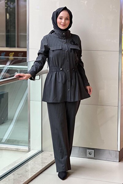 Nuss Stand Collar Waist Drawstring Striped Pants Suit