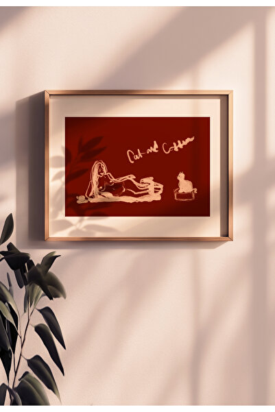 Taranist Poster - Kadın Kedi Şarap Wine Kırmızı Dekor Gazete Fon