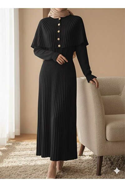 erk giyim Pelerin Detaylı Uzun Triko Elbise