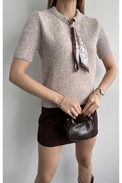 yeditepe fashion Yakası Fularlı Kısa Kol Triko