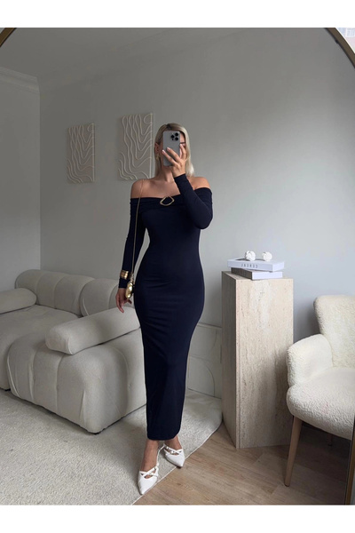 Zora Butik Tokalı Madonna Long Elbise - LACİVERT