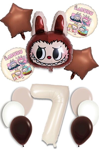 PARTİAVM Labubu Baby Abubu Brown Balloon Set – Helium Compatible, Star & Round Foil 7 Year Old Cream Number