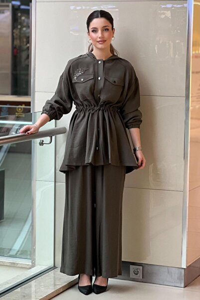 Nuss Hooded Stone Embroidered Waist Drawstring Cap Pants Set