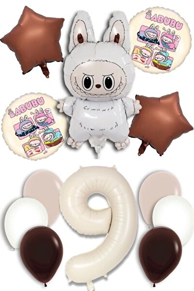 PARTİAVM Yaş Labubu Balloon Abubu Baby Birthday Set Cream Number Flying Ballo...
