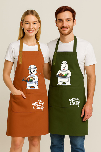 Hulganz Kitchen Apron Set of 2, Stain Resistant, Water Repellent Fabric, Colorfast Print, Chef Teddy Bear Patterned Double Apron