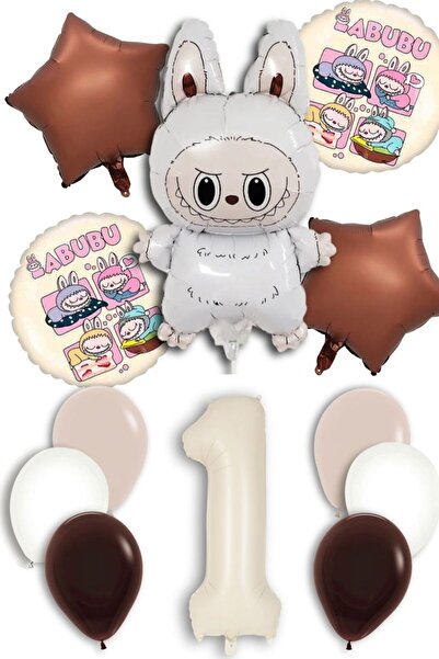 PARTİAVM Yaş Labubu Balloon Abubu Baby Birthday Set Cream Number Flying Ballo...