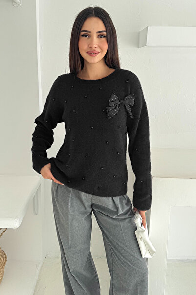 Noa Noa Women's Beaded Detailed Bow Knit Sweater – Elegant & Fun Style