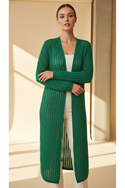 Digz fashion %100 Cotton Yeşil File Düğmesiz Uzun Triko Hırka