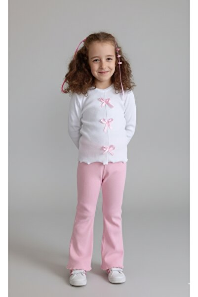 NİLZ White and Pink Girls' Ribbed Camisole Top and Bottom Set with Ribbon Detail