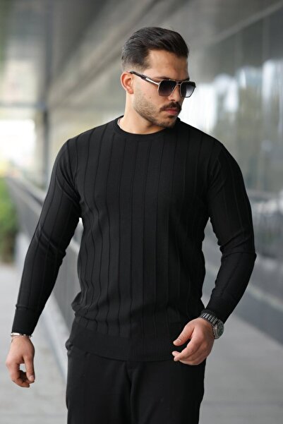 Serero Tricotaj cu mânecă lungă în relief cu guler rotund dungi pentru bărbați