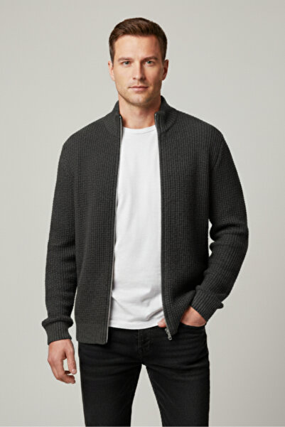 Elemge Men's Cardigan Zippered Regular Fit Half Turtleneck Anthracite Knitwear Jacket Loose Fit Waffle